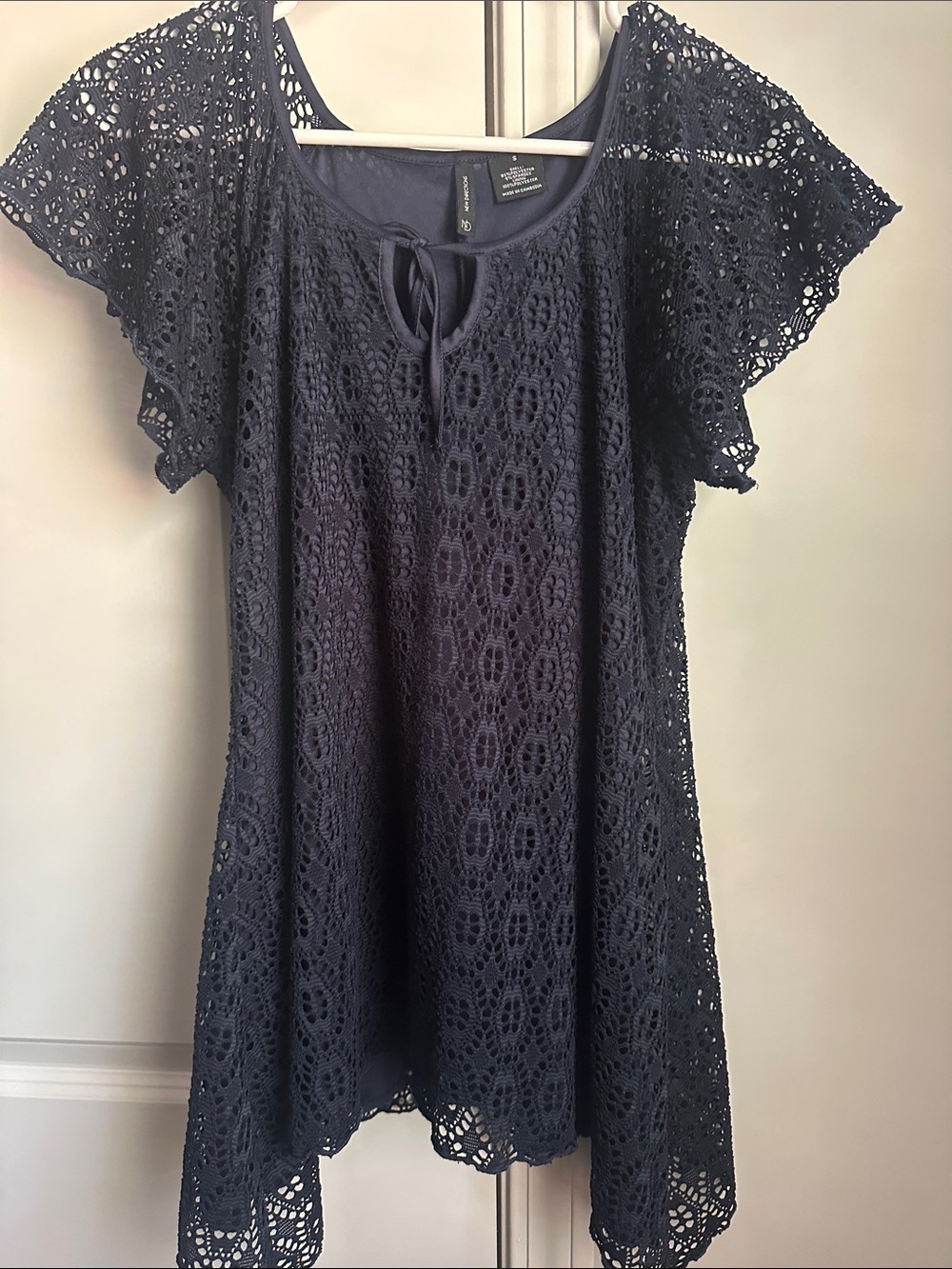 New Directions Navy Crochet Lace Tie-Front Short Sleeve Tunic
